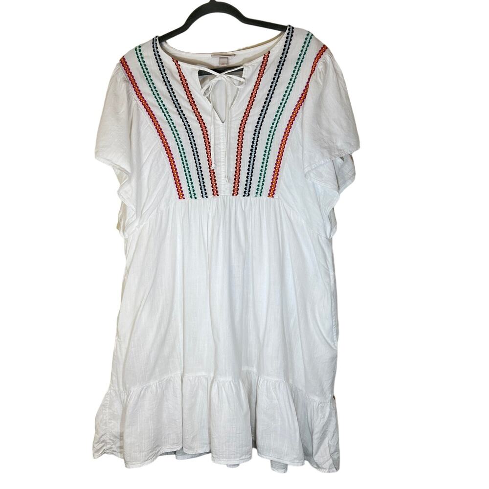 Knox Rose Baby Doll Dress Sz XL White with Embroidered Stripes Flutter Sleeves